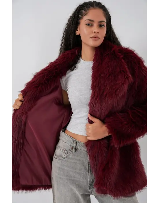 Kemerli Oversize Kürklü Kaban 9156 - Bordo