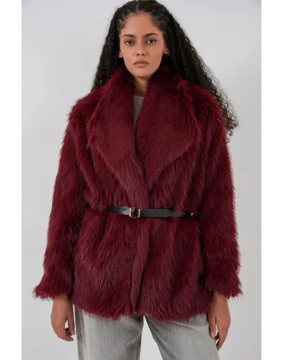 Kemerli Oversize Kürklü Kaban 9156 - Bordo
