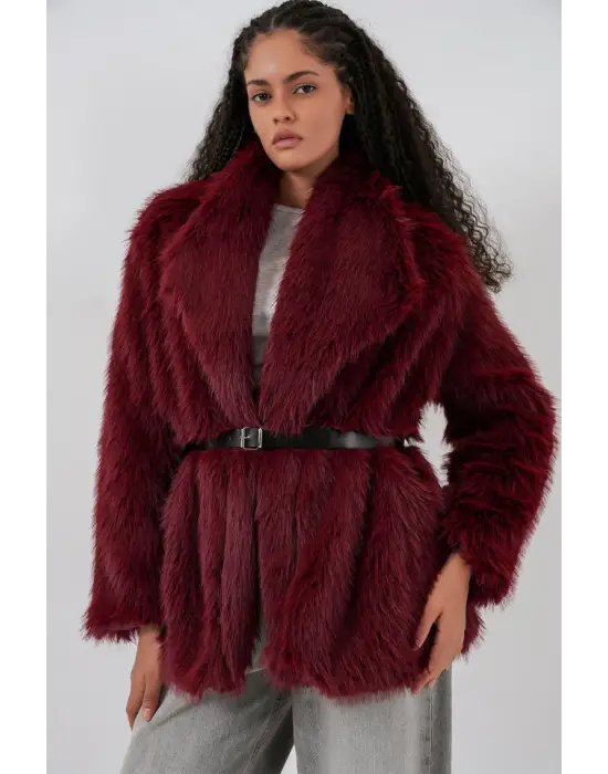 Kemerli Oversize Kürklü Kaban 9156 - Bordo
