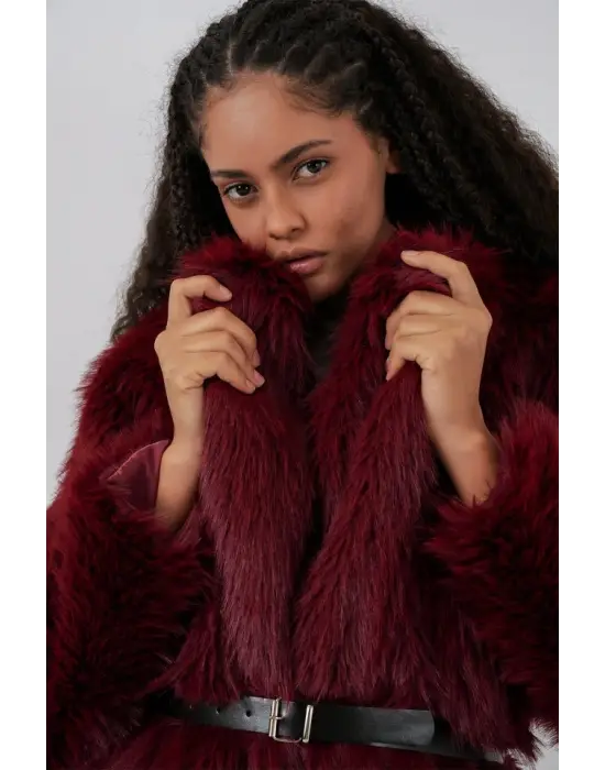 Kemerli Oversize Kürklü Kaban 9156 - Bordo