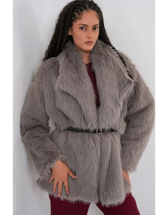 Kemerli Oversize Kürklü Kaban 9156 - Füme