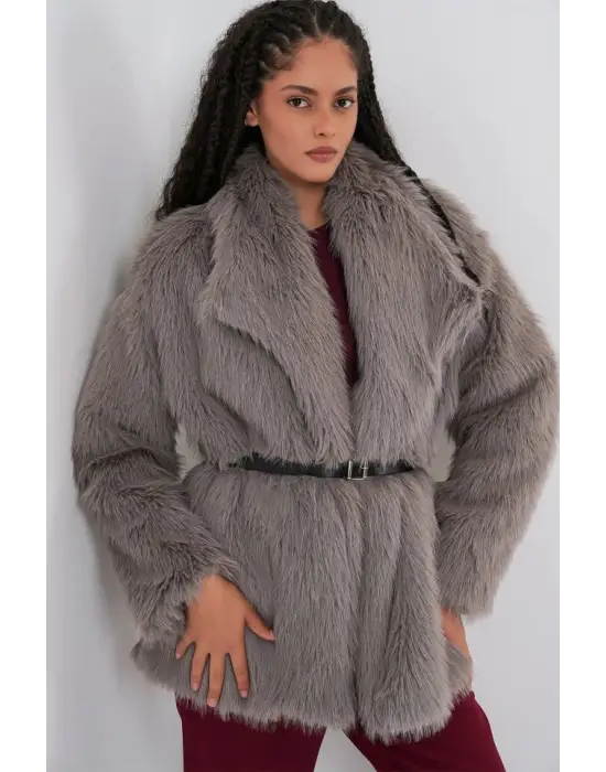 Kemerli Oversize Kürklü Kaban 9156 - Füme