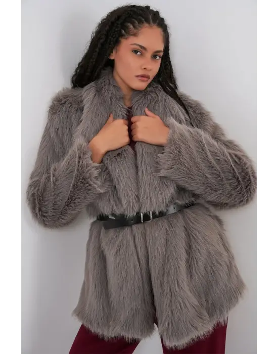 Kemerli Oversize Kürklü Kaban 9156 - Füme