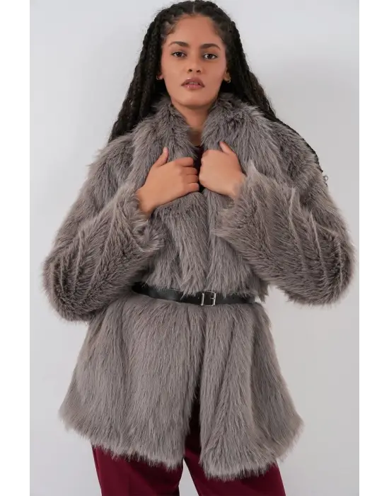 Kemerli Oversize Kürklü Kaban 9156 - Füme