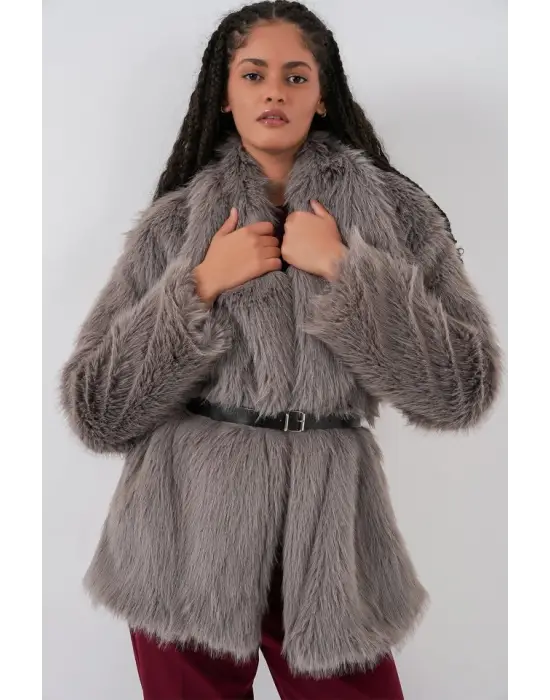 Kemerli Oversize Kürklü Kaban 9156 - Füme