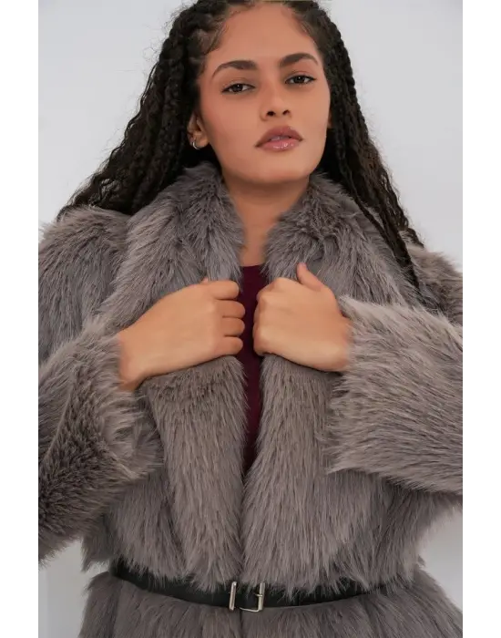 Kemerli Oversize Kürklü Kaban 9156 - Füme