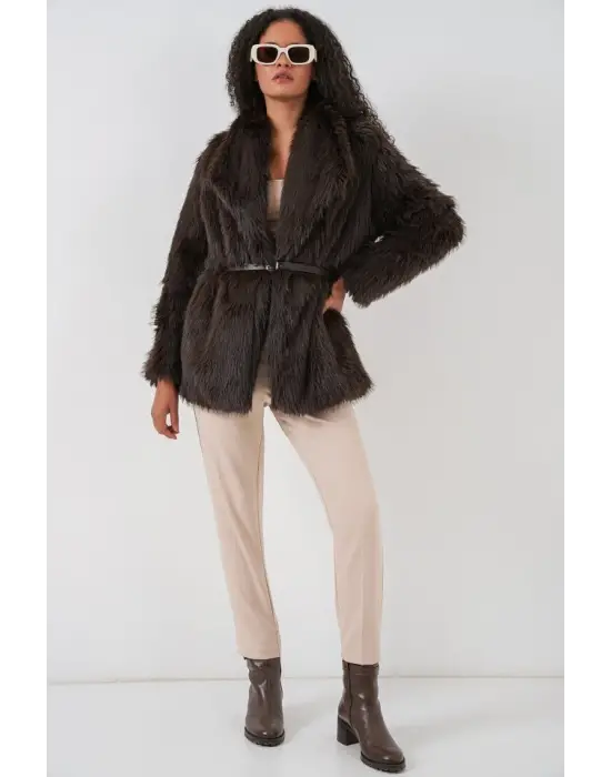 Kemerli Oversize Kürklü Kaban 9156 - Kahverengi