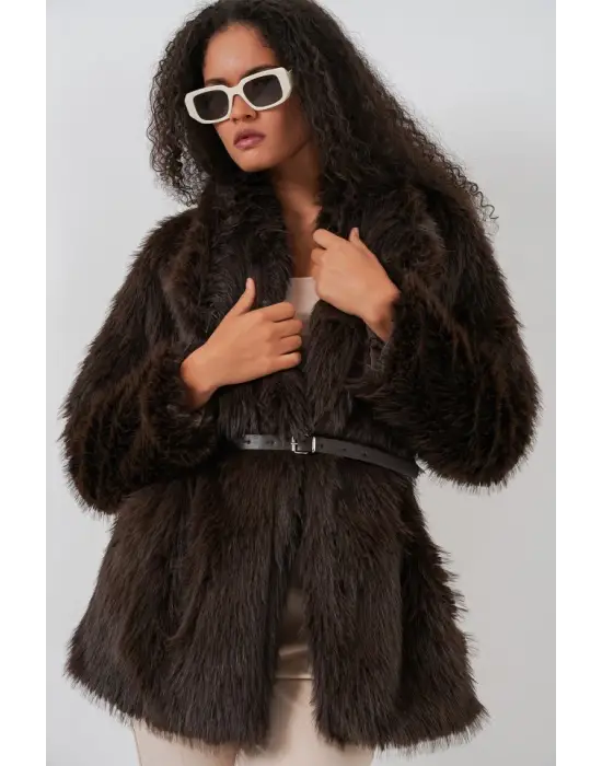 Kemerli Oversize Kürklü Kaban 9156 - Kahverengi