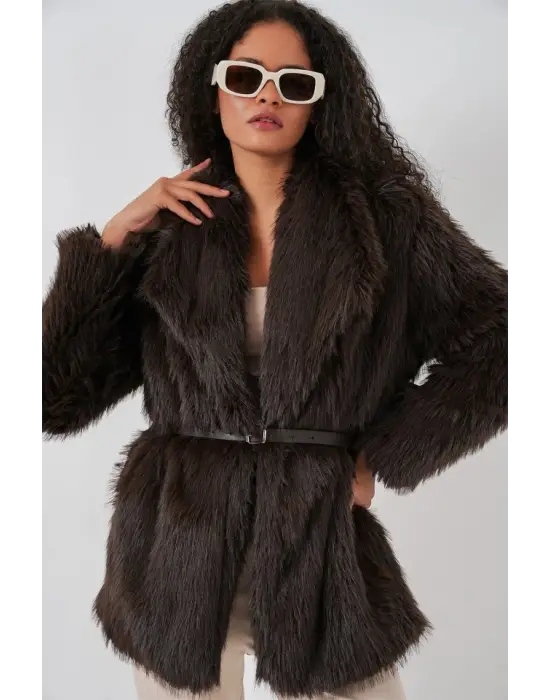 Kemerli Oversize Kürklü Kaban 9156 - Kahverengi