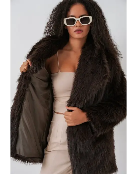 Kemerli Oversize Kürklü Kaban 9156 - Kahverengi