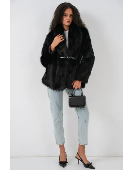 Kemerli Oversize Kürklü Kaban 9156 - Siyah