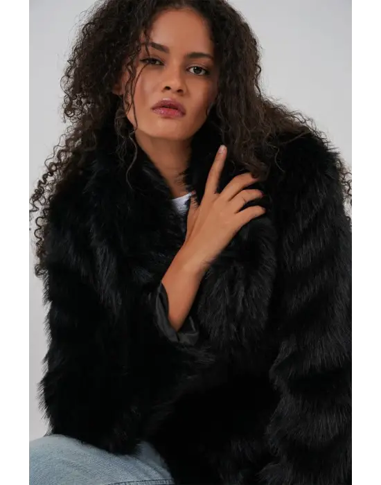 Kemerli Oversize Kürklü Kaban 9156 - Siyah