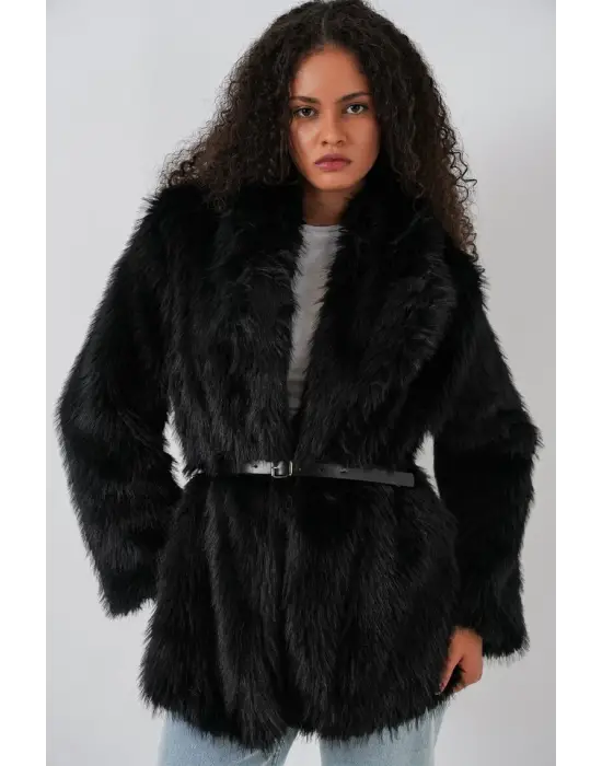 Kemerli Oversize Kürklü Kaban 9156 - Siyah