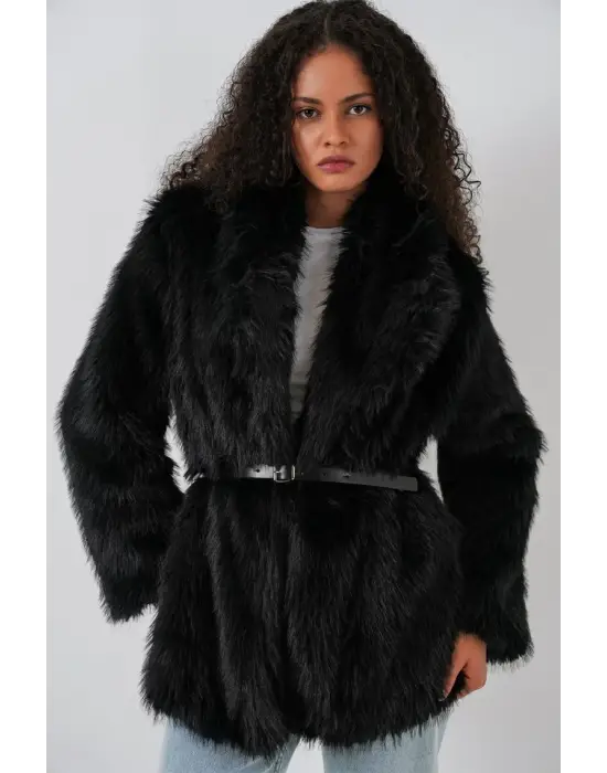 Kemerli Oversize Kürklü Kaban 9156 - Siyah