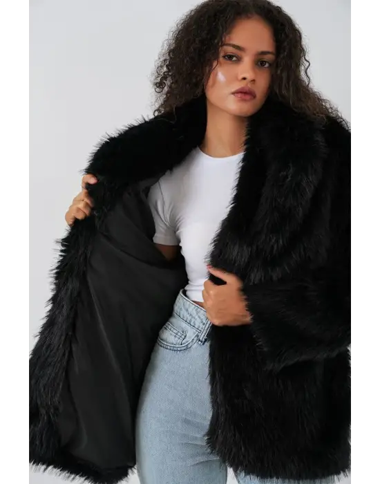 Kemerli Oversize Kürklü Kaban 9156 - Siyah