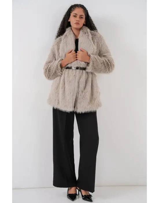 Kemerli Oversize Kürklü Kaban 9156 - Taş
