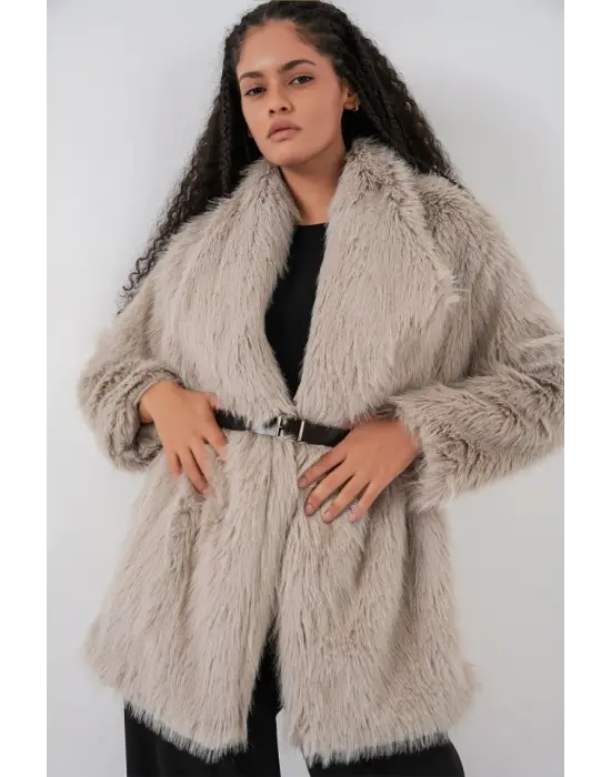 Kemerli Oversize Kürklü Kaban 9156 - Taş