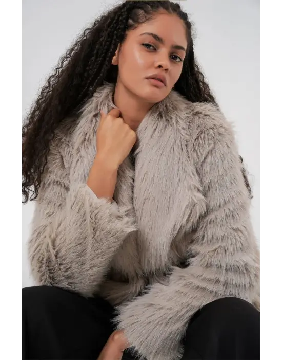 Kemerli Oversize Kürklü Kaban 9156 - Taş