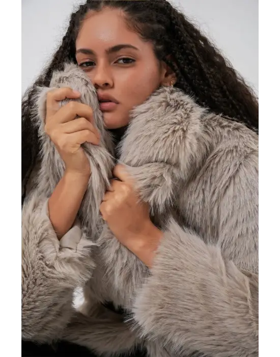 Kemerli Oversize Kürklü Kaban 9156 - Taş