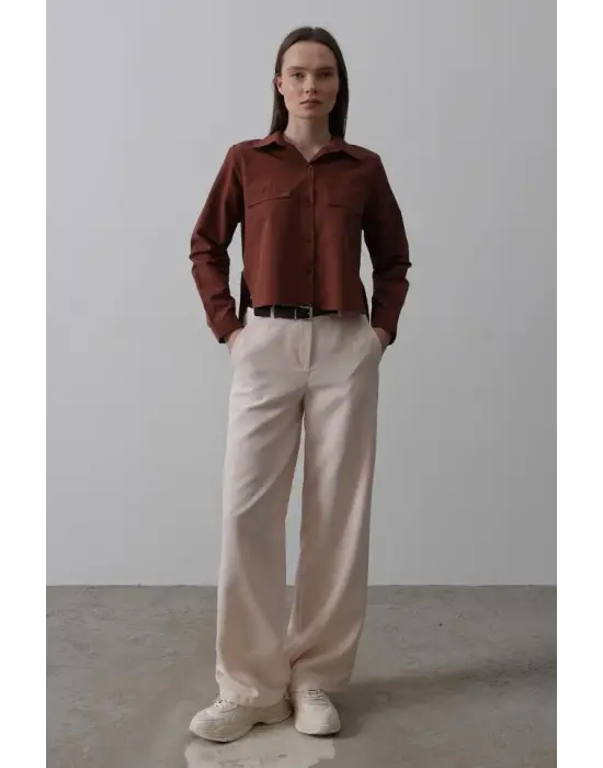 Omarı Yüksek Bel Palazzo Pantolon - Pudra