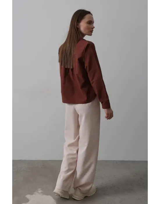 Omarı Yüksek Bel Palazzo Pantolon - Pudra