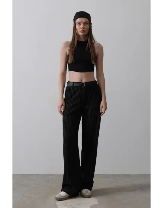 Kemerli Palazzo Pantolon - Siyah-Beyaz