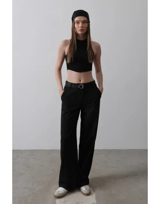 Kemerli Palazzo Pantolon - Siyah-Beyaz