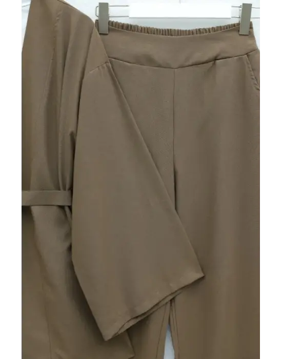 Kemerli Pantolonlu Kimono Takım    -Açık Kahverengi