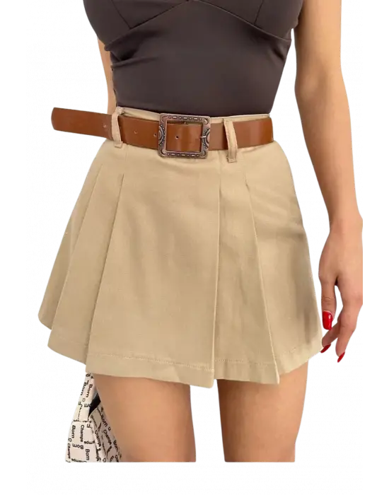 Kemerli Pileli Etek - Kahverengi