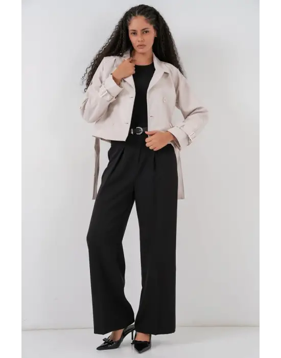 Kemerli Suni Deri Ceket 1046 - Ekru