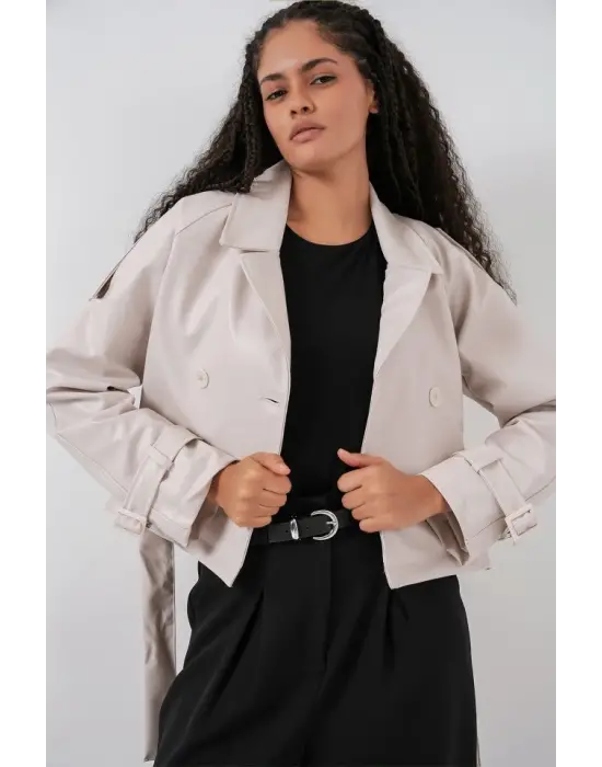 Kemerli Suni Deri Ceket 1046 - Ekru