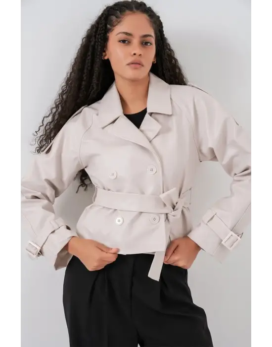 Kemerli Suni Deri Ceket 1046 - Ekru