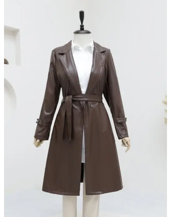 Kemerli Yan Cepli Deri Trenckot -Kahve