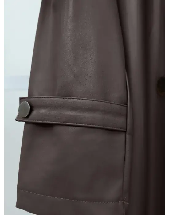 Kemerli Yan Cepli Deri Trenckot -Kahve