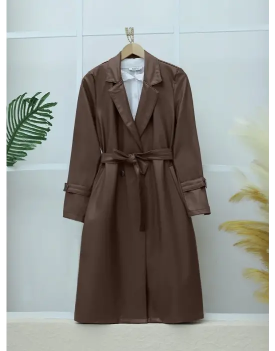 Kemerli Yan Cepli Deri Trenckot -Kahve