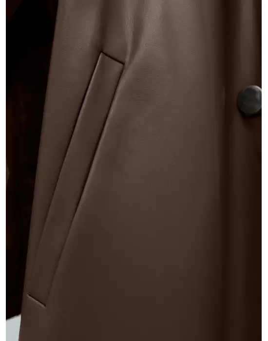 Kemerli Yan Cepli Deri Trenckot -Kahve