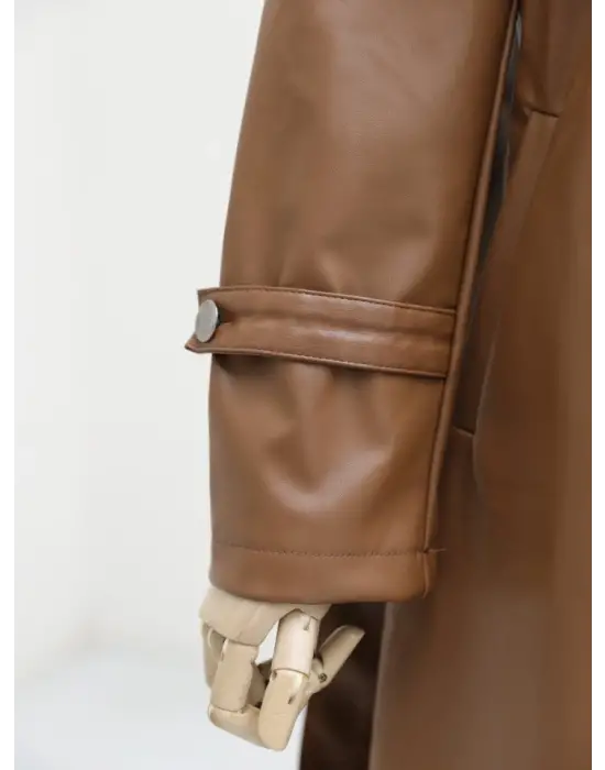 Kemerli Yan Cepli Deri Trenckot -Taba