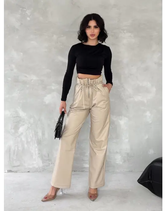 Kendinden ince kemerli deri pantolon bej t1178