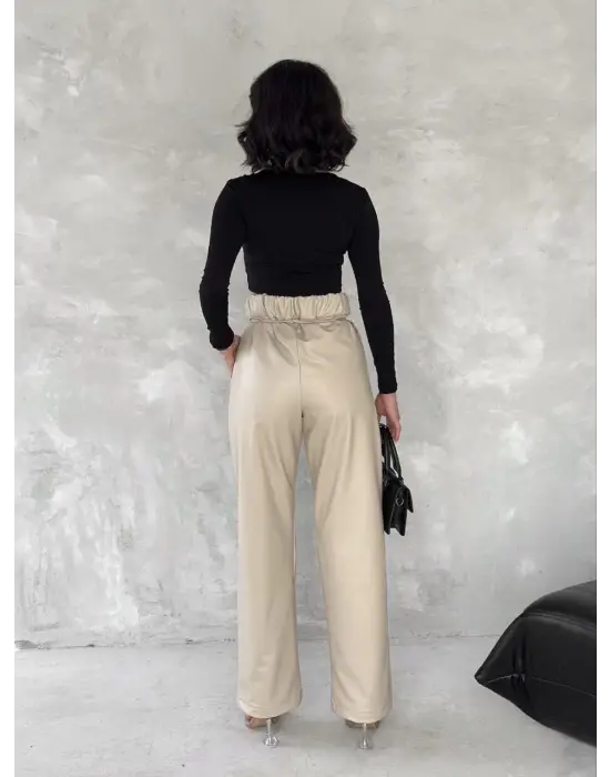 Kendinden ince kemerli deri pantolon bej t1178
