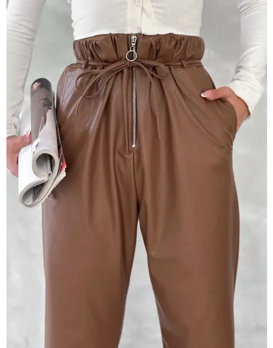 Kendinden ince kemerli deri pantolon kahve t1178