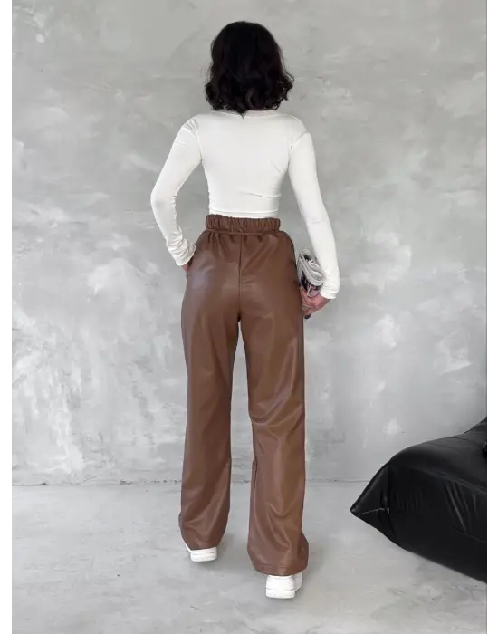 Kendinden ince kemerli deri pantolon kahve t1178