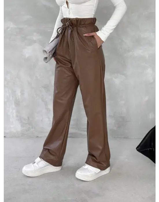 Kendinden ince kemerli deri pantolon kahve t1178