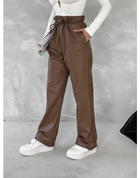 Kendinden ince kemerli deri pantolon kahve t1178