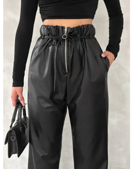 Kendinden ince kemerli deri pantolon siyah t1178