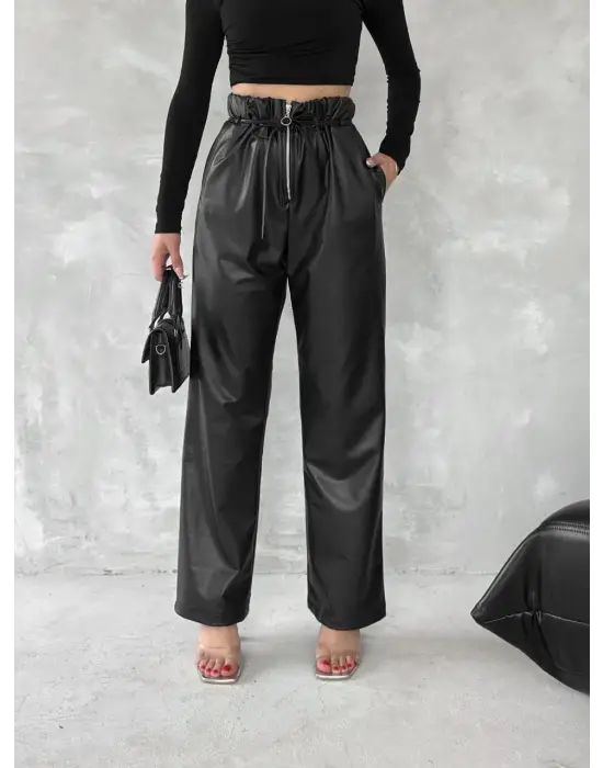 Kendinden ince kemerli deri pantolon siyah t1178