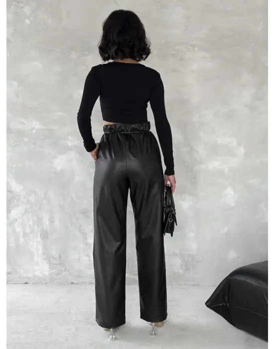 Kendinden ince kemerli deri pantolon siyah t1178