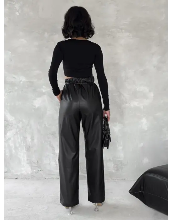 Kendinden ince kemerli deri pantolon siyah t1178