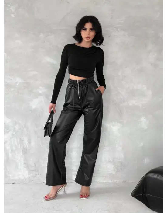 Kendinden ince kemerli deri pantolon siyah t1178