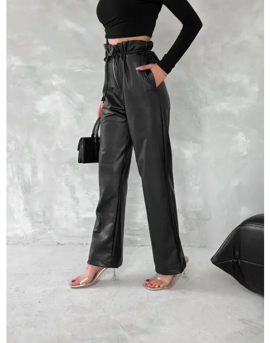 Kendinden ince kemerli deri pantolon siyah t1178