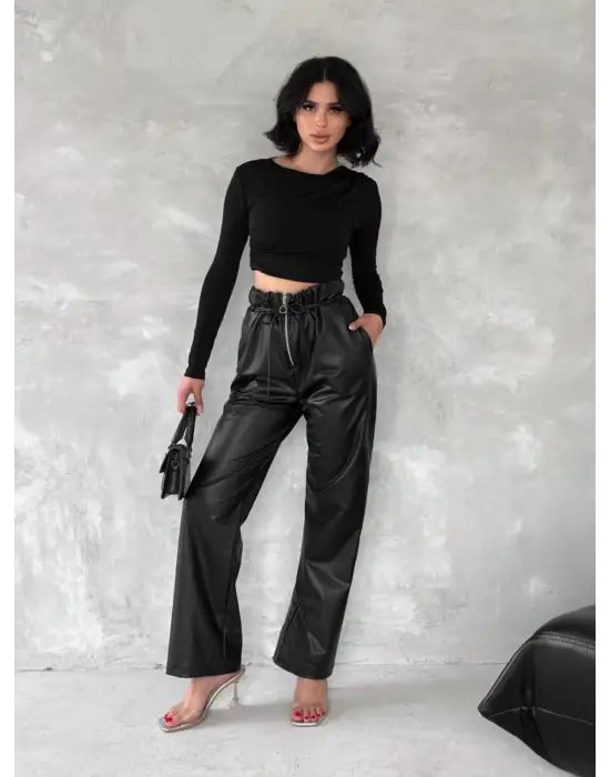 Kendinden ince kemerli deri pantolon siyah t1178